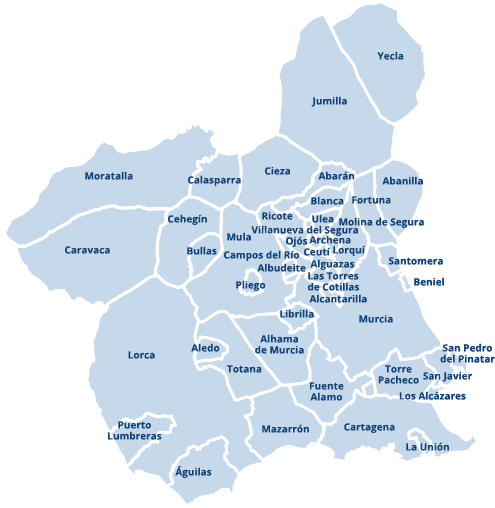 Imagen con los municipios de la Región de Murcia, siendo los municipios navegables